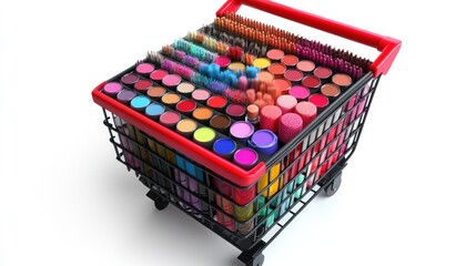 Colorful cosmetics in a shopping cart on white background.