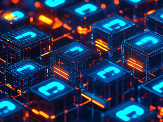 Obraz premium Advanced cybersecurity concept with glowing blocks and lock icons symbolizing encryption technology secure networks and data protection in a futuristic and modern digital safety environment