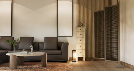 Scene living room have sofa and decoration wooden japanese  minimalist design.