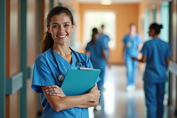 Smiling nurse wearing blue scrubs and holding a clipboard, standing in a hospital hallway with medical staff in the background. Perfect for healthcare, nursing, and teamwork concepts.