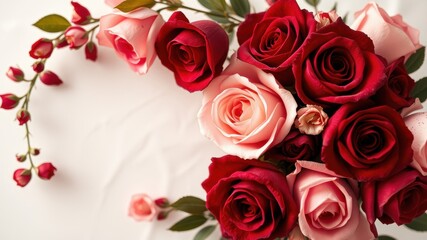 A vibrant arrangement of pink and red roses, with delicate buds and green leaves, creates a beautiful and romantic display.