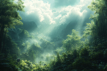 Obraz premium Lush green valley illuminated by beams of sunlight filtering through clouds at dawn in a mountainous region