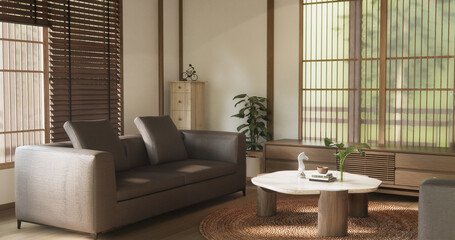 Scene living room have sofa and decoration wooden japanese  minimalist design.