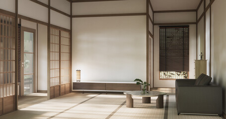 Scene living room have sofa and decoration wooden japanese  minimalist design.