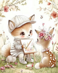 playful little fox wearing cozy striped sweater paints colorful picture while sitting in flower filled meadow with deer adorned with flowers