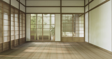 Fototapeta premium Scene empty room modern with tatami mat floor, interior japanese traditional style.