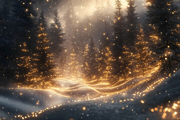 Naklejka premium Magical snowy forest path, glowing lights, winter wonderland, holiday card