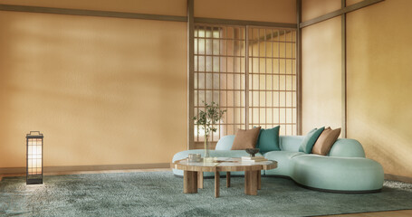 Mocha concept Scene living room have green sofa and decoration wooden minimalist design, room japanese style.