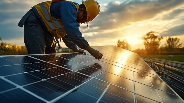A senior engineer supervises the construction of a sustainable smart factory, integrating solar energy systems, advanced automation tools, and real-time monitoring to optimize production processes.