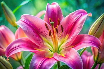 Fototapeta premium Macro closeup of a pink lily, showcasing detailed petal texture and artistic watercolor effects.