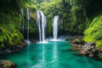 Serene Twin Waterfalls: Lush Green Paradise, Vibrant Teal Pool