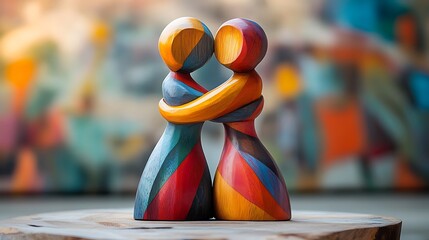 Fototapeta premium Colorful wooden sculpture of embracing figures art gallery modern close-up