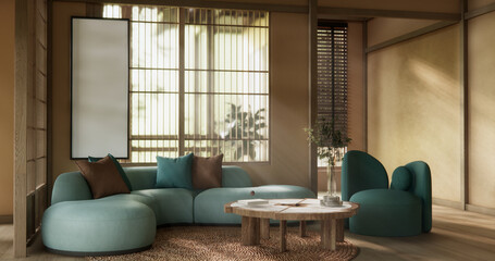 Mocha concept Scene living room have green sofa and decoration wooden minimalist design, room japanese style.