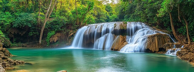 Serene Waterfall Cascading into Emerald Pool: Lush Tropical Landscape