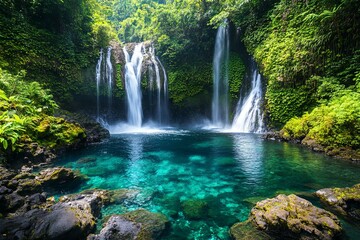 Obraz premium Serene Tropical Waterfall: Lush Greenery, Turquoise Pool, Cascading Water