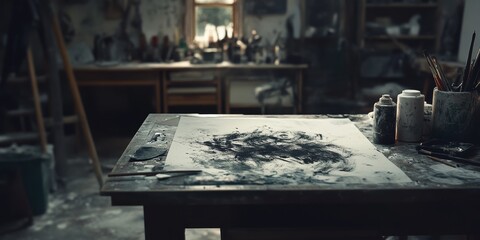 Obraz premium An Artistic Workspace with a Focus on a Table Covered in Charcoal Sketches, Brushes, and Paints Surrounded by Creative Tools in a Dimly Lit Studio