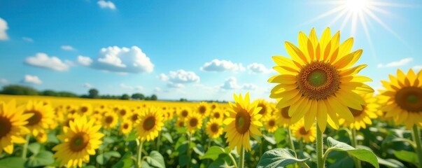Obraz premium bright sunny day in a vast open sunflower field under a clear blue sky, yellow flowers, natural beauty