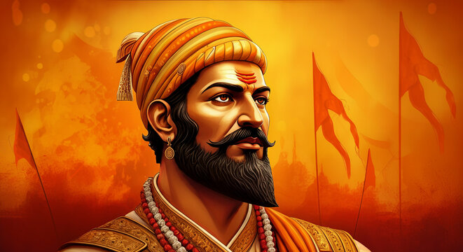 Shivaji Maharaj in a Thoughtful Pose with a Maratha Flag