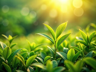 Obraz premium Miniature green tea plantation: vibrant close-up, high-resolution tilt-shift photography reveals fresh leaves.