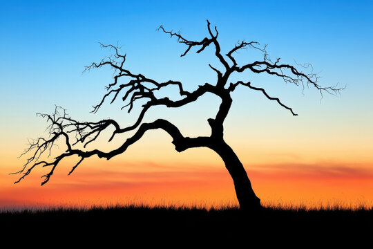 Striking silhouette of a bare tree against a colorful sunset over a grassy horizon at dusk in nature - Powered by Adobe
