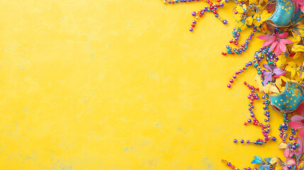 Vibrant Mardi Gras Decorations on a Sunny Yellow Background, Colorful Mardi Gras beads, masks, and flower decorations arranged on a bright, textured yellow surface.