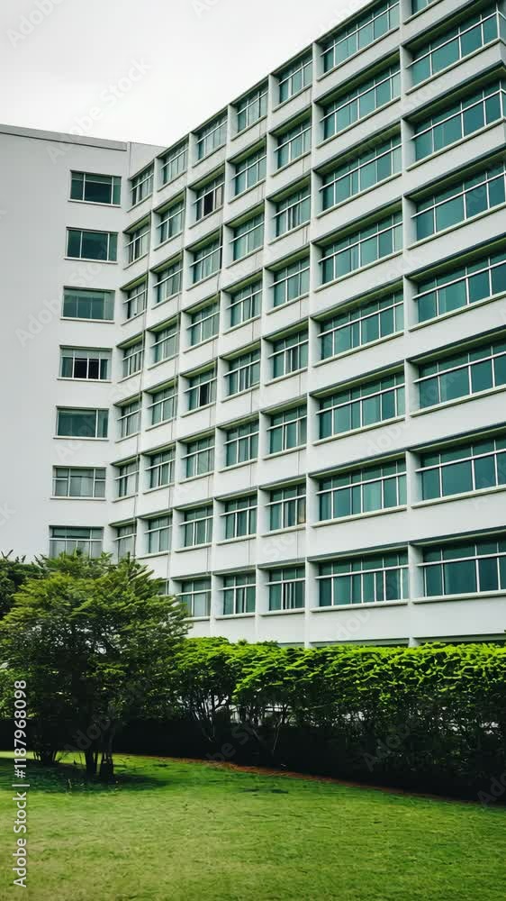 Poster building with large windows surrounded by greenery on a cloudy day in an urban area