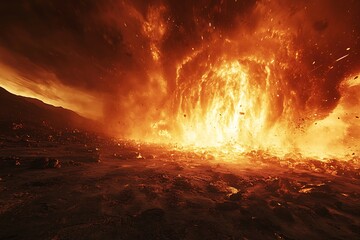 A fiery meteor crashing into a barren landscape, creating an explosion of molten lava and ash, with intense heat radiating outward