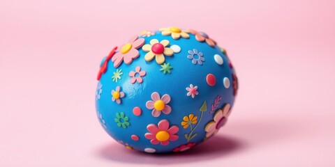 A vibrant blue Easter egg adorned with cheerful and colorful flowers, resting on a soft pink backdrop.