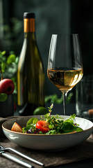 Elegant restaurant table setup featuring sophisticated dining decor, salad, and wine