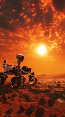 Fototapeta premium Mars landscape features a rover exploring dusty terrain with striking sunset and dramatic clouds