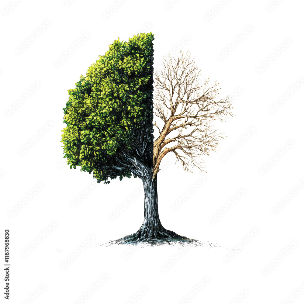 Poster the image depicts a stylized tree split into two halves one lush green representing life and the oth