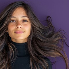 Fototapeta premium Beautiful Brunette Woman Long Hair Purple Background Fashion Portrait