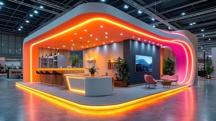 Modern exhibition booth with vibrant lighting.