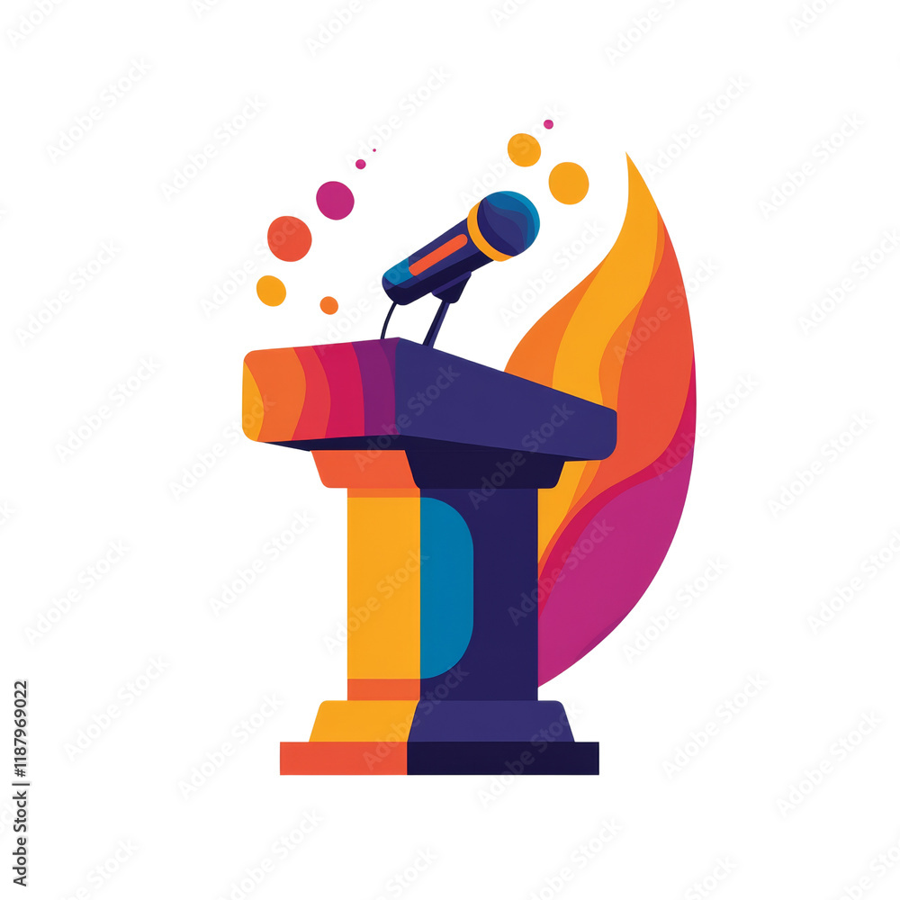 Poster an abstract illustration depicts a colorful podium with a microphone, symbolizing public speaking or