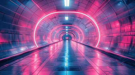 Futuristic neon-lit tunnel with reflective surfaces.