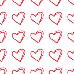 Seamless pattern with red double-lined hearts on white background in doodle style