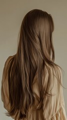 Naklejka premium Beautiful model girl with Brown hair strand,silky healthy chestnut wavy hair strand,hair wavy ribbon, with smooth,Keratin straightening,Treatment,straight long hair,procedures,Smooth hairstyle.