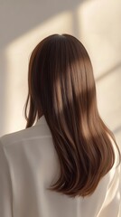 Beautiful model girl with Brown hair strand,silky healthy chestnut wavy hair strand,hair wavy ribbon, with smooth,Keratin straightening,Treatment,straight long hair,procedures,Smooth hairstyle.