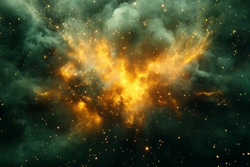 Naklejka premium A forest green and amber powder explosion capturing the earthy and vibrant motion of natural elements