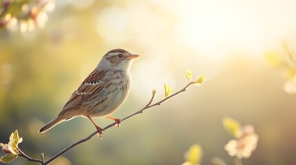Fototapeta premium Small Bird Perched on Branch in Spring Sunlight