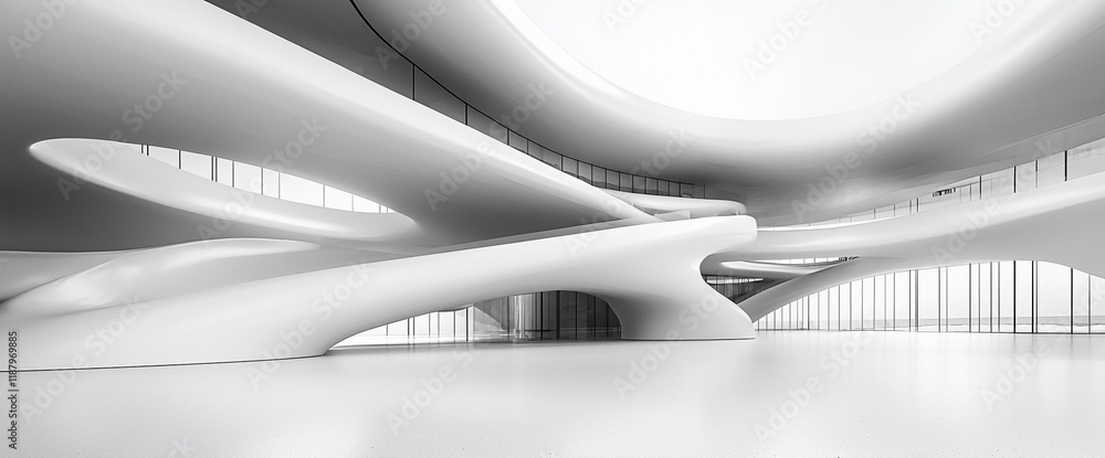 Poster Modern white architecture interior design with curved walls and large windows.