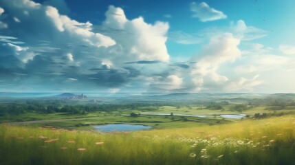 Serene Landscape with Distant Castle and Rolling Hills