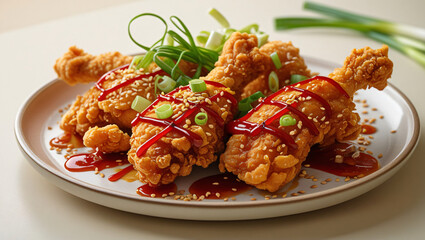 A vibrant, mouthwatering plate of crispy, golden fried yangnyeom chicken, glistening with a rich, sweet, and spicy Korean sauce, drizzled artfully in a lattice pattern