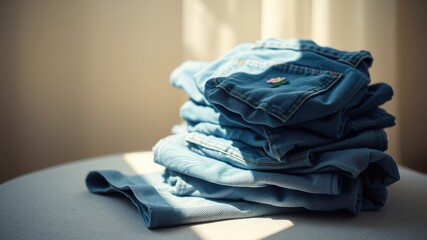 A stack of folded denim jeans with a delicate flower embroidered on the top layer, bathed in soft sunlight.