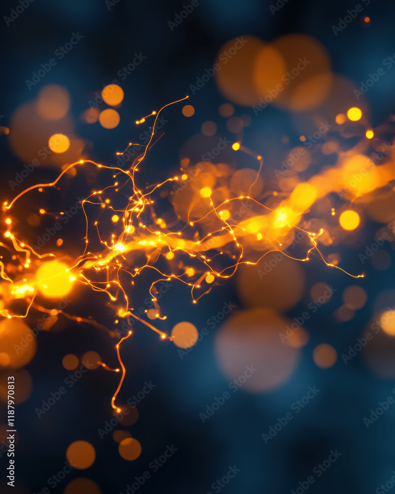 Poster dynamic abstract background with glowing orange lights and sparkles.
