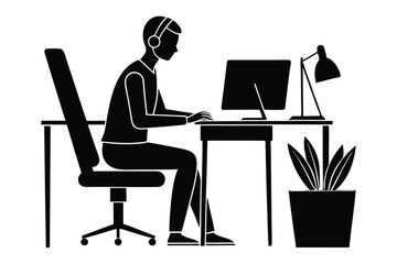 A person typing on a laptop, seated at a desk vector style silhouette.eps