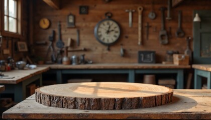 Empty wooden slab in a vintage workshop. Concept of craftsmanship, woodworking, and history.