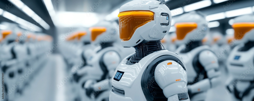 Poster futuristic robots lined up in a modern facility for advanced tasks.