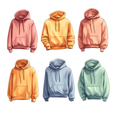 An illustration showcasing six different pastel-colored hoodies, each with a front pocket and drawstring hood.