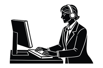 Side view of an agent, typing on keyboard vector style silhouette.eps